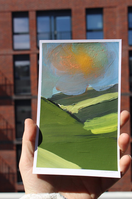 abstract sunrise over the hills acrylic painting