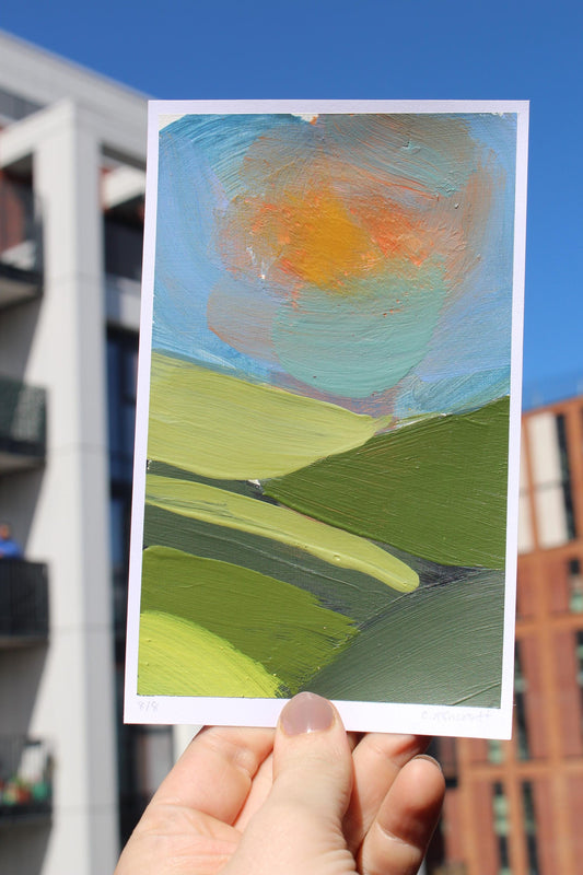 abstract sunrise over the hills acrylic painting