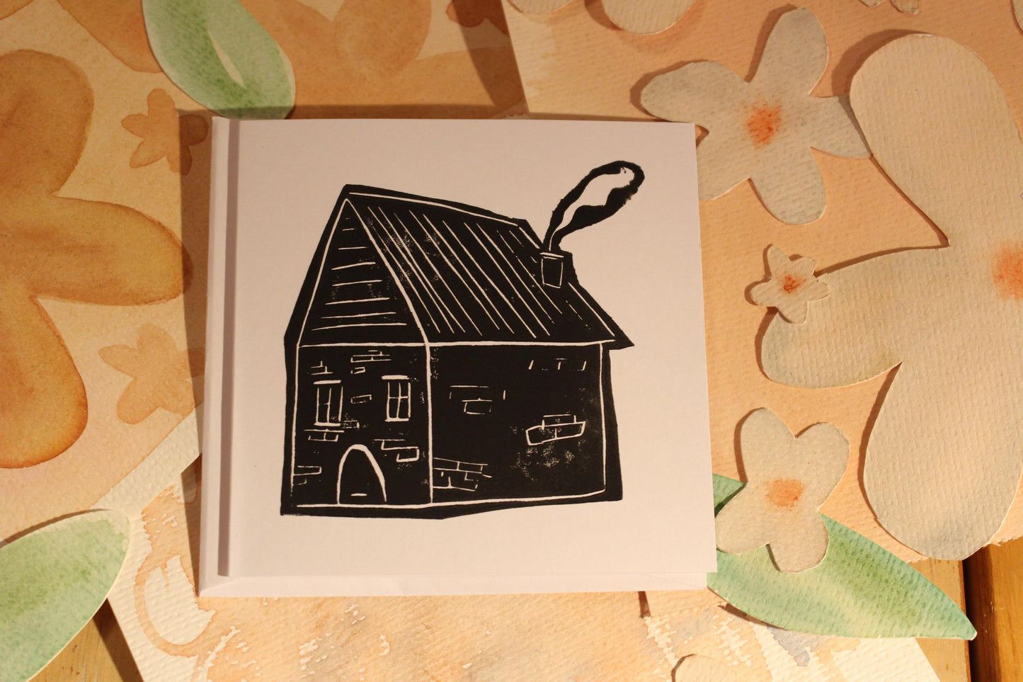 Handprinted Housewarming Card – Black Ink Linocut, Home Sweet Home