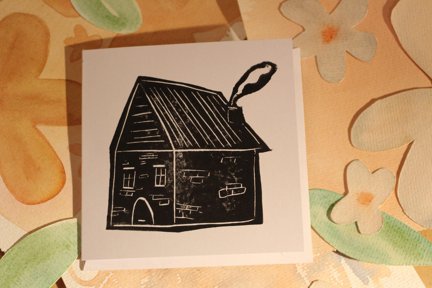 Handprinted Housewarming Card – Black Ink Linocut, Home Sweet Home