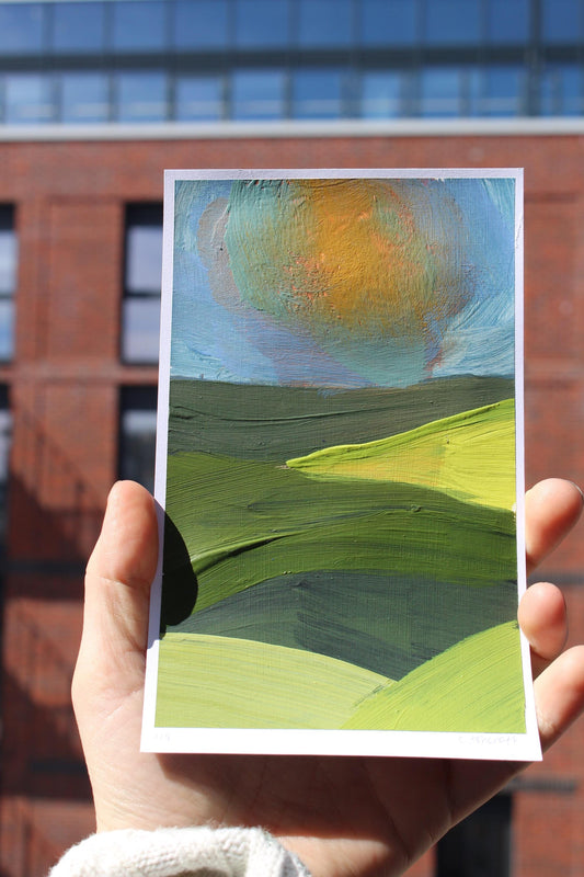 abstract sunrise over the hills acrylic painting