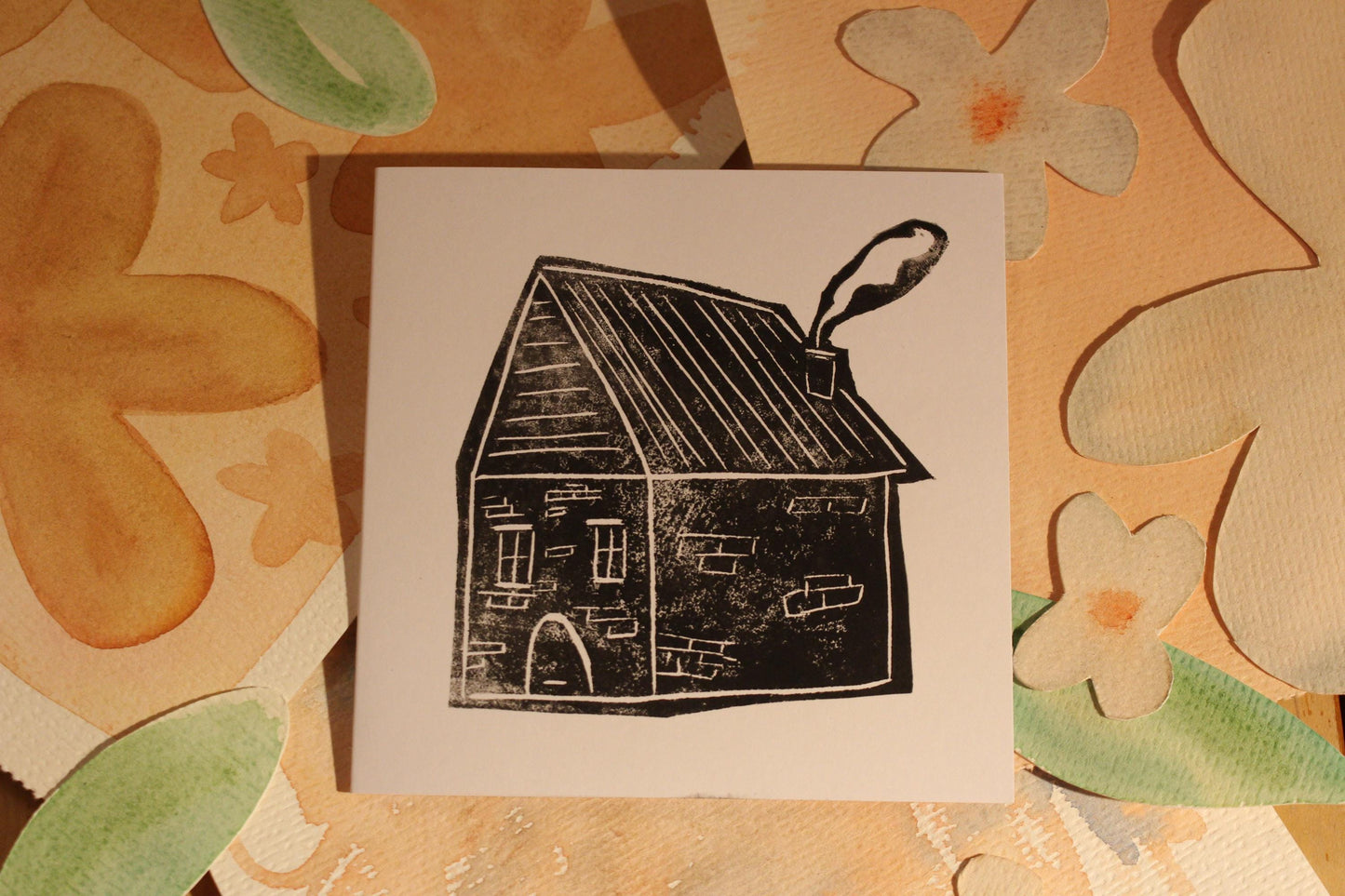 Handprinted Housewarming Card – Black Ink Linocut, Home Sweet Home