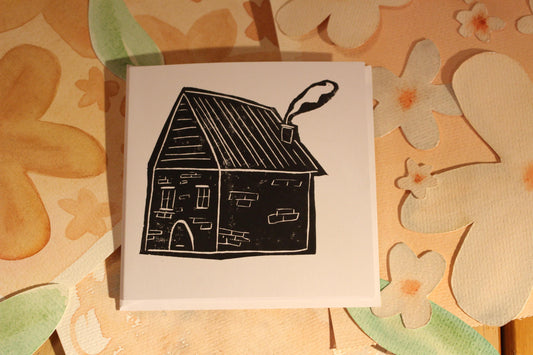Handprinted Housewarming Card – Black Ink Linocut, Home Sweet Home
