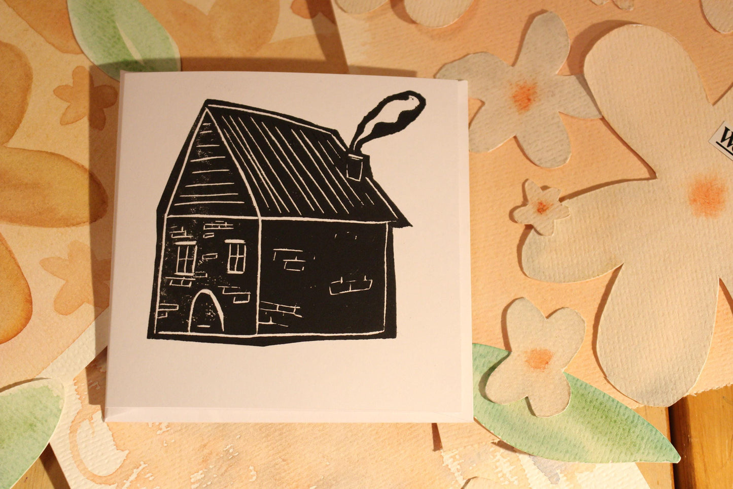 Handprinted Housewarming Card – Black Ink Linocut, Home Sweet Home