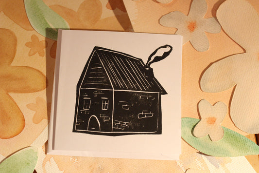 Handprinted Housewarming Card – Black Ink Linocut, Home Sweet Home