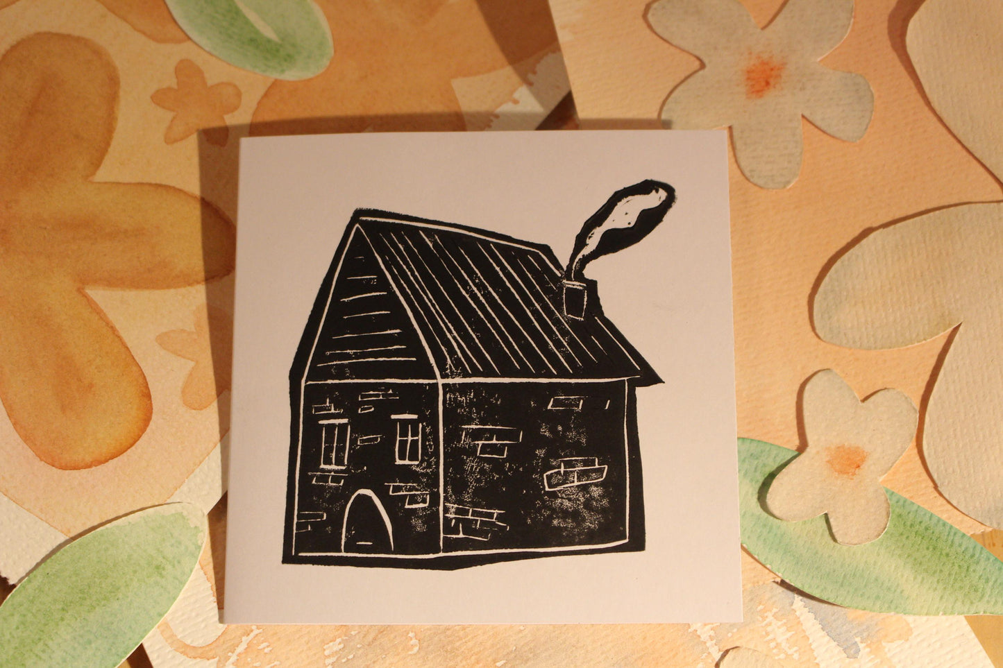 Handprinted Housewarming Card – Black Ink Linocut, Home Sweet Home