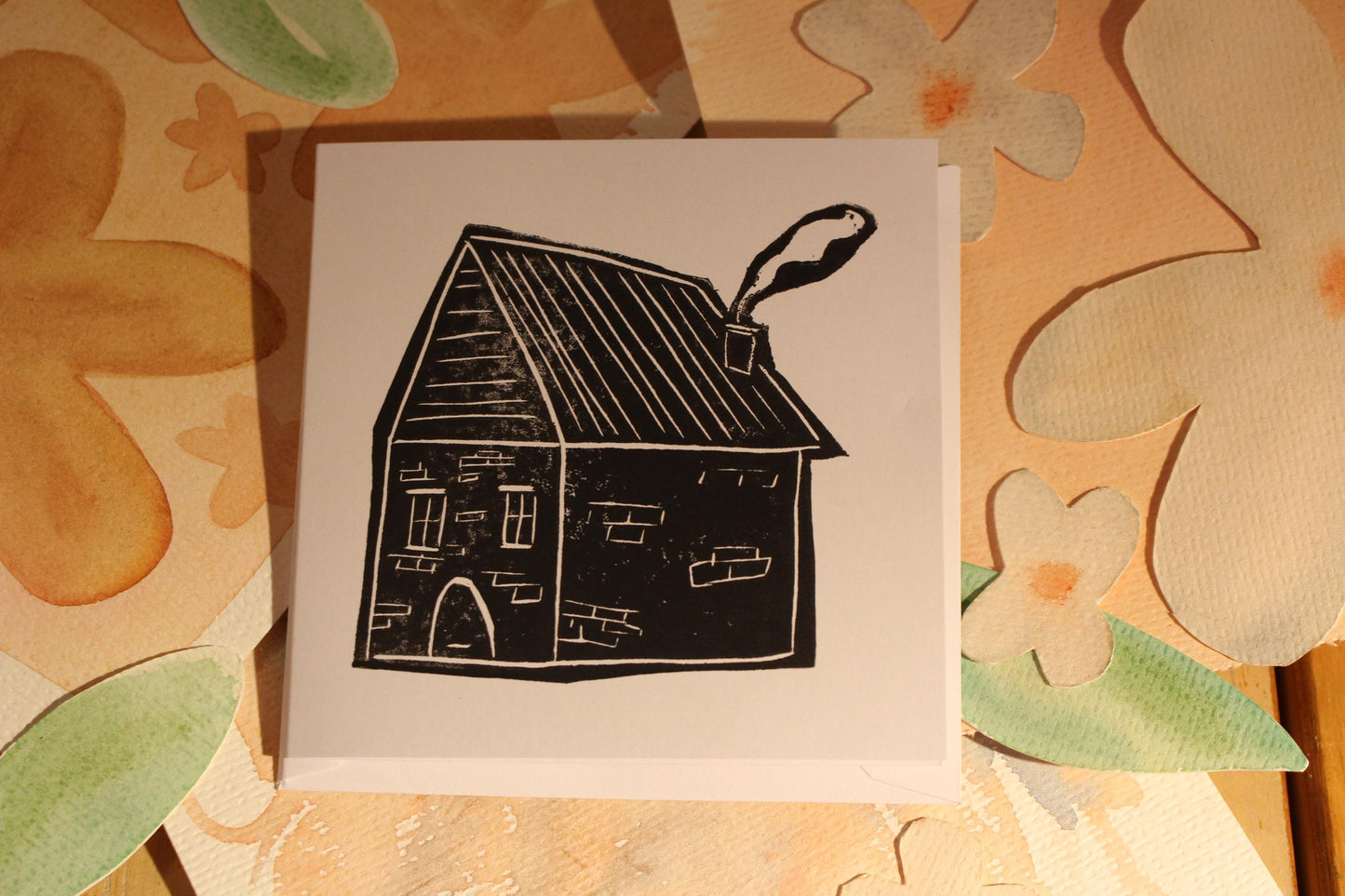 Handprinted Housewarming Card – Black Ink Linocut, Home Sweet Home